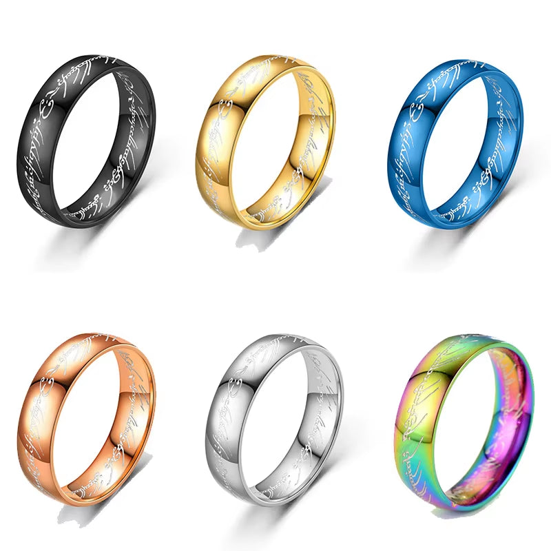 Stainless Steel Jewelry Punk One Ring of Power Elf Bilbo Baggins Gollum Tolkien Letter Wizard Multicolors Size 6-13