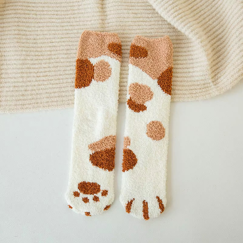 Autumn Winter Coral Velvet Socks Cute Cat Claw Socks for Women Children Girls Middle Tube Thickened Sleep Socks Home Floor Socks