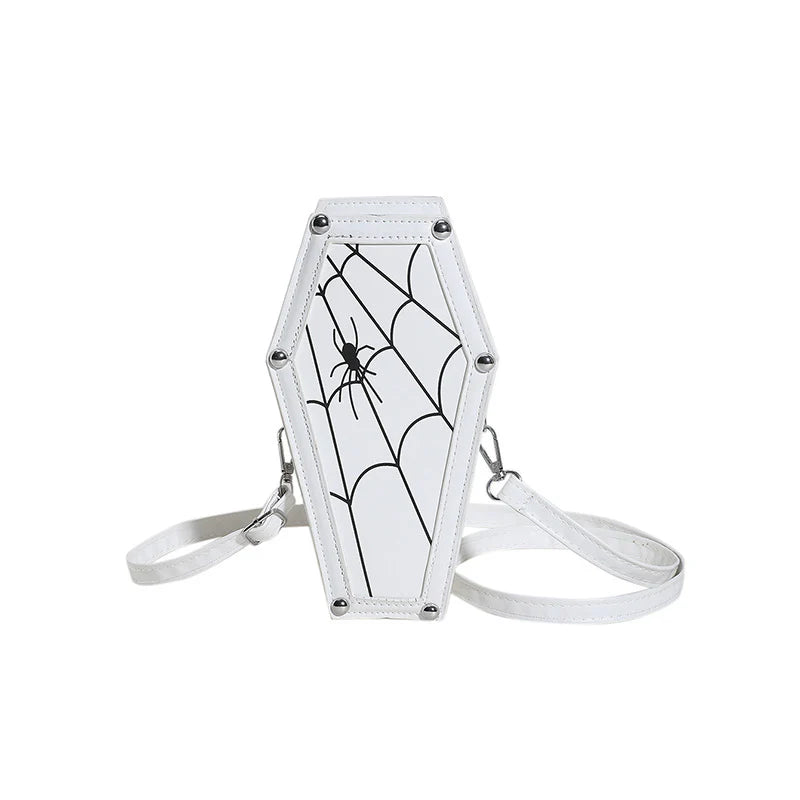 Halloween Coffin-Shape Shoulder Bag Gothic Ghost Spider Web Messenger Crossbody Bag Kids Personality Phone Bag for Women