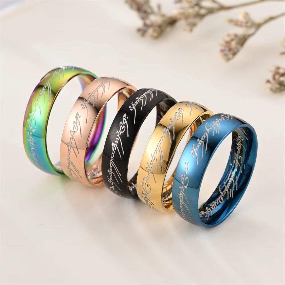 Stainless Steel Jewelry Punk One Ring of Power Elf Bilbo Baggins Gollum Tolkien Letter Wizard Multicolors Size 6-13