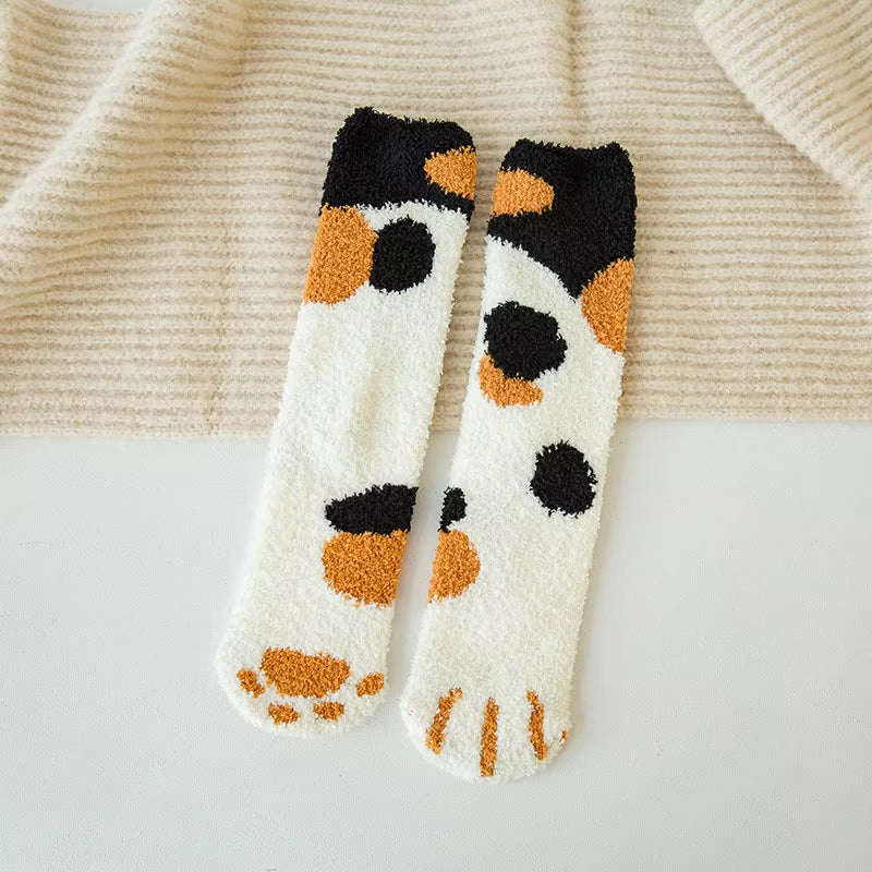 Autumn Winter Coral Velvet Socks Cute Cat Claw Socks for Women Children Girls Middle Tube Thickened Sleep Socks Home Floor Socks